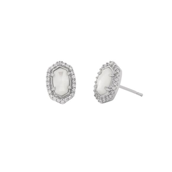 NWT! Kendra Scott Cade Silver Stud Earrings in Ivory Mother-of-Pearl - Picture 2 of 6